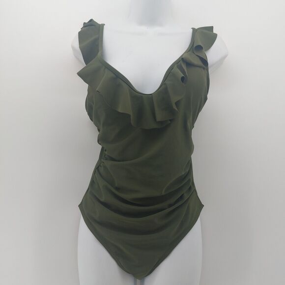 Hilor Women's Swimsuit Military Green Ruffled V-neck Summer Pool Beach Sz Large - Picture 1 of 13
